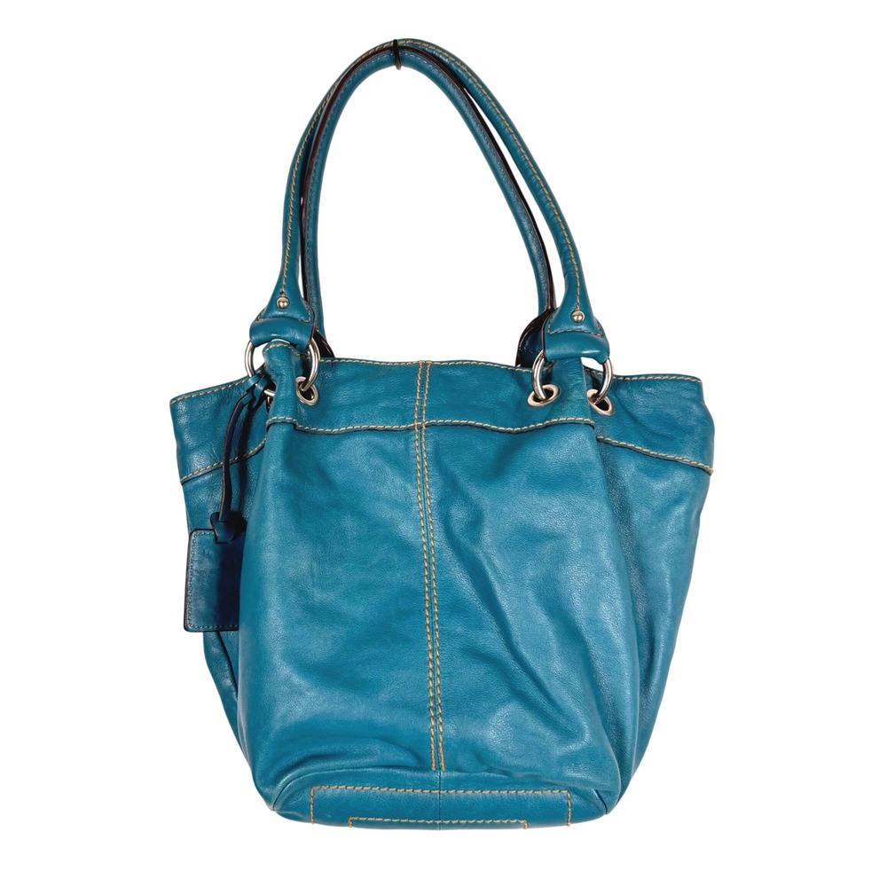 Tignanello Teal Blue Leather Tote Bag Satchel Striped Satin Lining Boho Slouchy